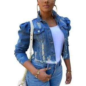 Women's Ripped Puff Sleeve/ Long-Sleeve Cropped Jean Jacket